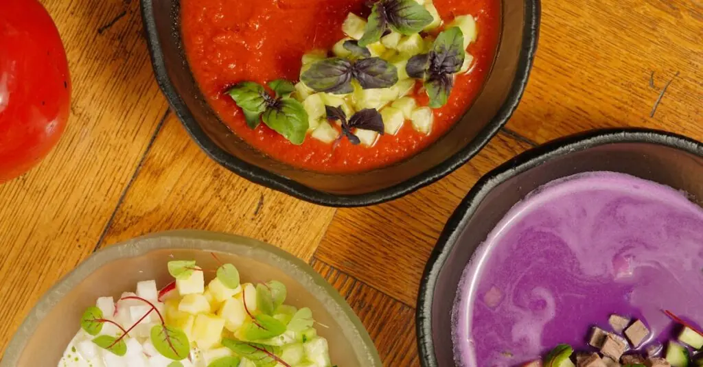 Creamy Purple Sweet Potato Soup with Watermelon Radish