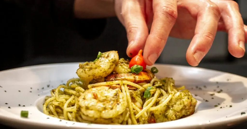 Indulge in Creamy Pesto Pasta with a Spicy Shrimp Twist